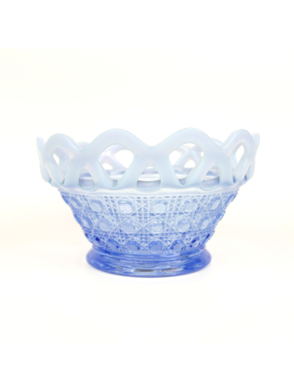 Vintage Imperial Glass Katy Blue Opalescent Bowl Open Lace Edge Sugar Cane 5"
